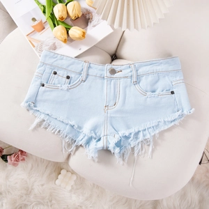 Detailansicht hellblauer Denim-Shorts mit ausgefransten Kanten auf weißem Hintergrund