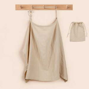 Cotton muslin nursing cover set in beige with adjustable neck strap and matching storage bag