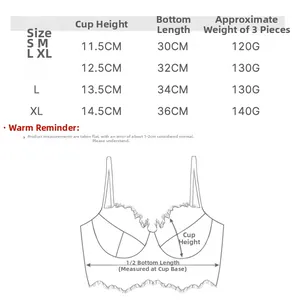Lace bra size chart with cup height and band length measurements for S to XL