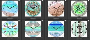 Detailed grid showing eight nautical and ocean-themed silent wooden wall clocks for home decor