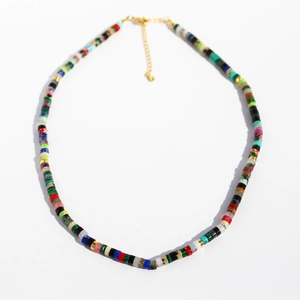 Beaded necklace with natural tiger eye and lapis lazuli stones and golden clasp