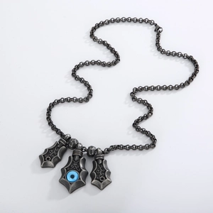 Vintage gothic stainless steel shield necklace with blue evil eye pendant and hammered finish