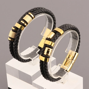 Men's multi-layer black braided leather bracelet with golden stainless steel magnetic clasp