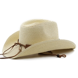 Detail of woven straw cowboy hat in beige with decorative brown string and windproof cord