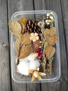 DIY Christmas dried flower kit with pine cones, cotton and leaves in a plastic gift box