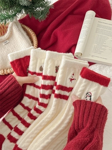 Close-up of thick knitted Christmas socks with snowman embroidery and festive patterns