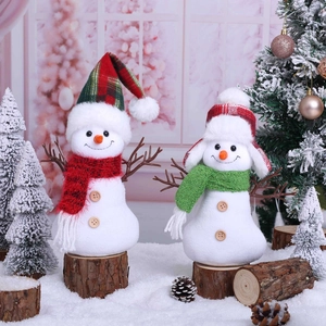 Christmas Snowman Doll Ornament Plush Polyester Fabric Plaid Hat Wood Buttons Sitting Position Holiday Home Decor