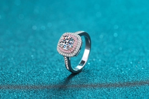 Macro shot of 925 silver halo ring with a round center stone and pink pave accents