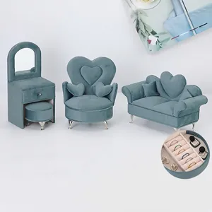 Miniature Furniture Jewelry Box Dutch Velvet Sofa Shape Jewelry Organizer Desktop Storage Case Heart Design For Earrings
