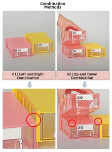 Modular plastic drawer storage unit showing horizontal and vertical interlocking assembly