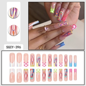 Long coffin fake nails with neon green checkerboard and colorful flame art, 24 piece set