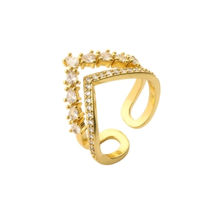 Bague ouverte dorée en V avec micro-pavage de zircons en forme de poire et ronds