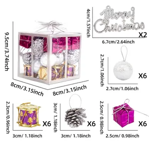 Detailed dimensions of 26-piece Christmas ornament set with bells and pinecones