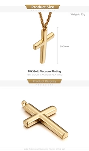 Detailed view of a gold-plated stainless steel cross pendant with a 51x30mm rope chain