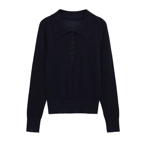 Classic dark blue long-sleeved polo knit sweater with button collar and ribbed cuffs