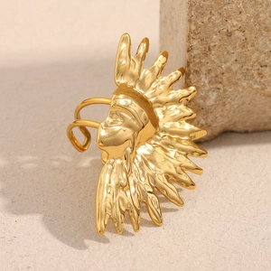 Detailed view of 18K gold plated open ring featuring an Indian chief with feather crown