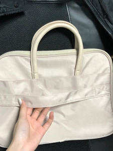 Detail der Koffergurt-Halterung auf der Rückseite einer beigen Laptop-Tasche