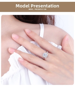 Detailed view of square halo S925 silver ring featuring round moissanite on model hand