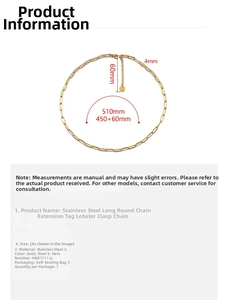 Size chart showing 450mm stainless steel long link chain with 60mm extension and lobster clasp