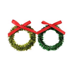 Miniature Christmas wreath duo with red ribbon bows on a clean white background