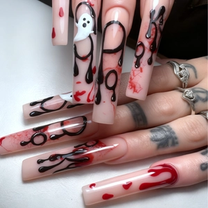 Halloween Blood Drip Ghost Press On Nails 24Pcs Set Long Coffin Spooky White Ghost Red Blood Pattern Decorative False Nails