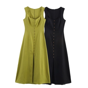 Women Midi Dress Square Neck Sleeveless Linen Blend Decorative Buttons Front Slit Back Zipper Elegant Casual Wear
