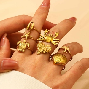 7-piece gold stainless steel ocean ring set with sea turtle heart and starfish charms