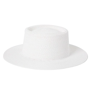 Detailed view of white woven boater hat featuring fine straw texture and flat top design