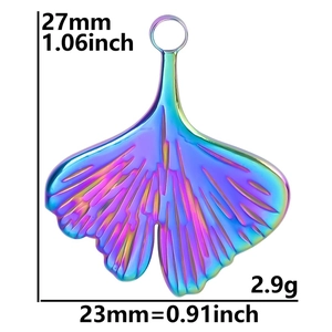 Detailed view of iridescent ginkgo leaf pendant with precise 27mm by 23mm size dimensions