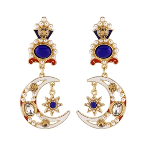 Orecchini asimmetrici vintage in oro con luna blu, stella e perle bianche