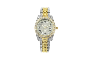 Detail of crystal-encrusted roman numeral watch dial with calendar window and bicolor strap