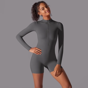 Charcoal grey zip-up long sleeve yoga jumpsuit for fitness and athletic women