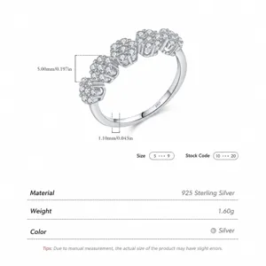 Glinsterende S925 sterling zilveren bloemring met vijf clusters zirkonia stenen