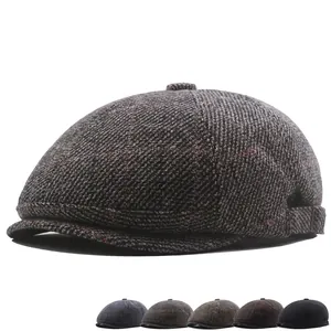 Men British Retro Plaid Newsboy Cap Warm Polyester Cotton Blend Adjustable Herringbone Flat Cap Beret Vintage Hat