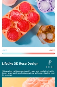 Detail view of silicone rose ice mold showing temperature range -30°C to 240°C