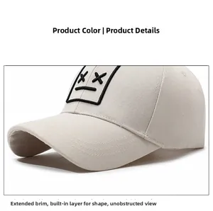 Macro detail of beige baseball cap featuring embroidered emoji and reinforced curved brim