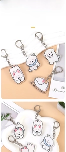 Détail de porte-clés chien en acrylique avec motifs bichons et fermoirs métalliques argent