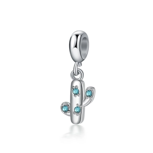 Silver cactus charm pendant with blue gemstones for DIY bracelets and necklaces