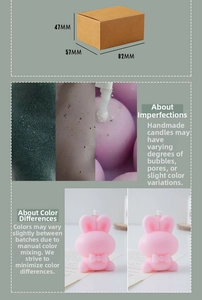 Detailed size specifications and pink bunny candle texture showing handmade craft details