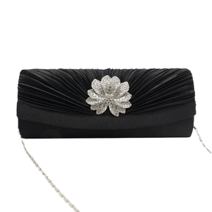 Elegant black satin pleated evening clutch with crystal flower and silver chain strap