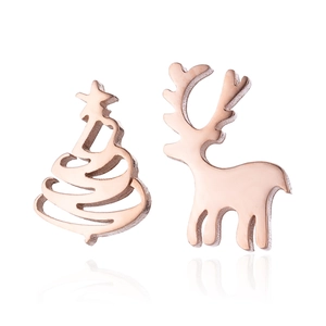 Boucles d'oreilles asymétriques élan et sapin de Noël en or rose poli
