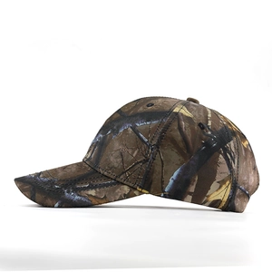 Detailed side view of jungle bionic leaf camouflage baseball cap with reinforced brim