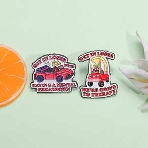 Cartoon enamel pins set featuring pink and red cars with funny mental health quotes