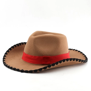 Classic brown felt western cowboy hat with red ribbon band and black braided edge trim