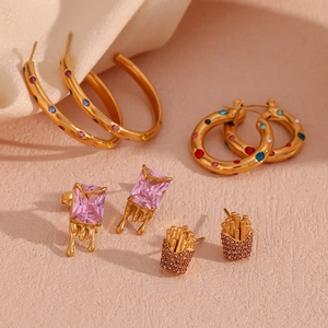 Stainless Steel Gold Plated Multi Color Rhinestone Hoop Earrings For Women Fashion Geometric Molten Stud Jewelry Gift