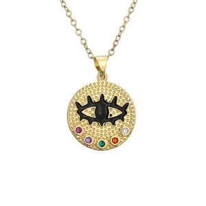 Golden Evil Eye pendant necklace featuring five colorful zircon stones on white background