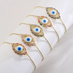 Evil Eye Bracelet Gold Plated Copper With Zircon And Enamel Adjustable Slider Clasp Bohemian Jewelry For Women