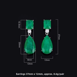 Detail showing dimension 37mm x 12mm of pear-cut emerald style drop earrings