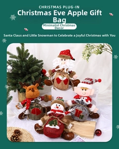 Detail of four linen Christmas drawstring bags featuring Santa, snowman, and reindeer