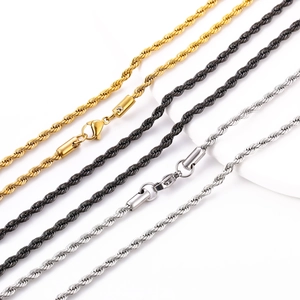 Twisted stainless steel rope chain necklaces in gold, black, and silver finishes